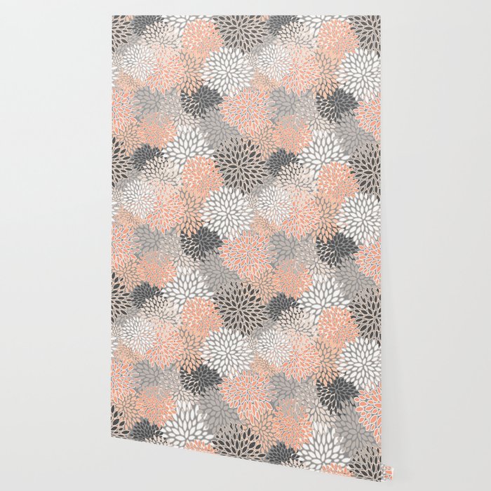 Flowers Abstract Print, Coral, Peach, Gray Wallpaper Gallery Image 2