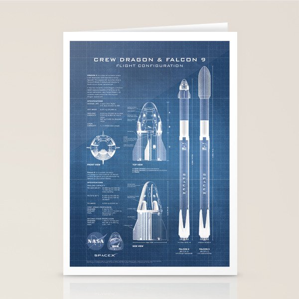 NASA SpaceX Crew Dragon Spacecraft & Falcon 9 Rocket Blueprint in High Resolution (light blue) Stationery Card Gallery Image 2