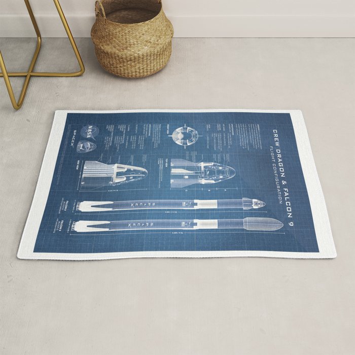 NASA SpaceX Crew Dragon Spacecraft & Falcon 9 Rocket Blueprint in High Resolution (light blue) Rug Gallery Image 1