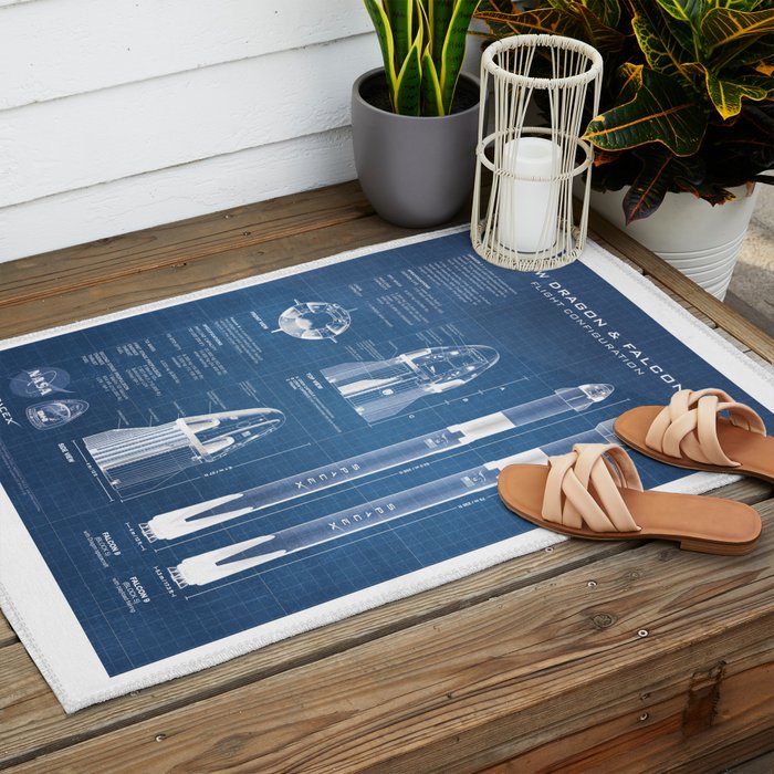 NASA SpaceX Crew Dragon Spacecraft & Falcon 9 Rocket Blueprint in High Resolution (light blue) Outdoor Rug Gallery Image 2