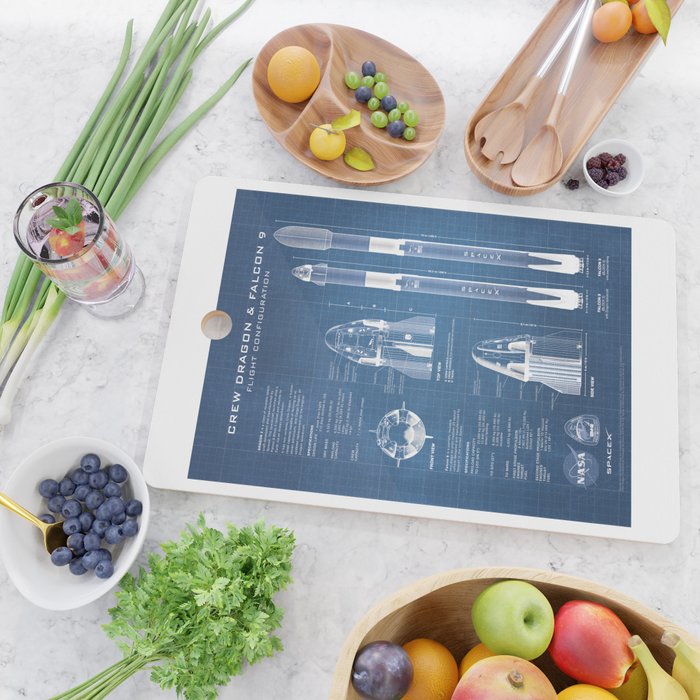 NASA SpaceX Crew Dragon Spacecraft & Falcon 9 Rocket Blueprint in High Resolution (light blue) Cutting Board Gallery Image 2