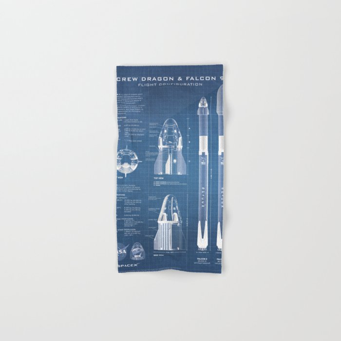 NASA SpaceX Crew Dragon Spacecraft & Falcon 9 Rocket Blueprint in High Resolution (light blue) Bath Towel Gallery Image 1