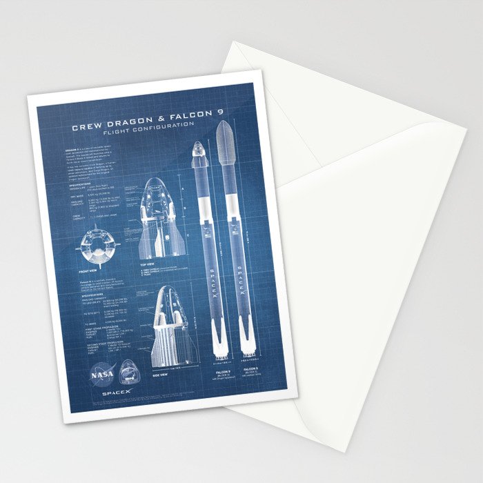 NASA SpaceX Crew Dragon Spacecraft & Falcon 9 Rocket Blueprint in High Resolution (light blue) Stationery Card Gallery Image 2