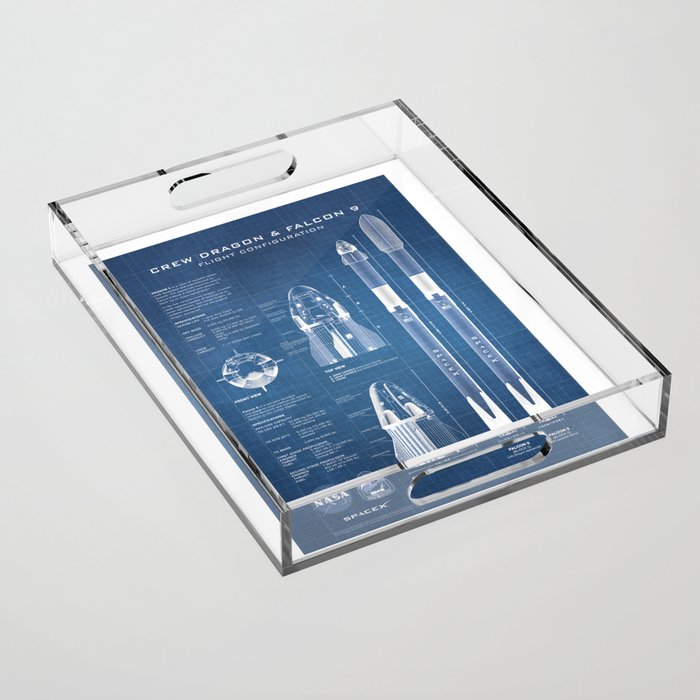 NASA SpaceX Crew Dragon Spacecraft & Falcon 9 Rocket Blueprint in High Resolution (light blue) Acrylic Tray Gallery Image 1