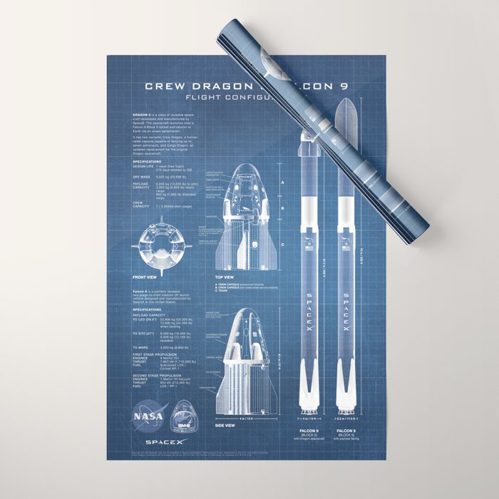 NASA SpaceX Crew Dragon Spacecraft & Falcon 9 Rocket Blueprint in High Resolution (light blue) Wrapping Paper Gallery Image 1