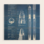 NASA SpaceX Crew Dragon Spacecraft & Falcon 9 Rocket Blueprint in High Resolution (light blue) Wood Wall Art Gallery Image 1