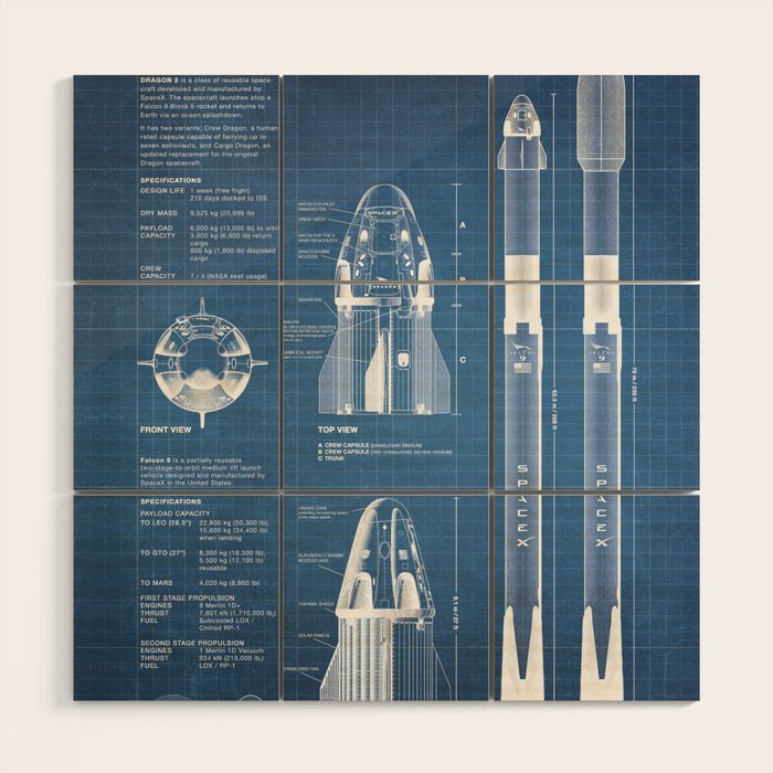 NASA SpaceX Crew Dragon Spacecraft & Falcon 9 Rocket Blueprint in High Resolution (light blue) Wood Wall Art Gallery Image 1