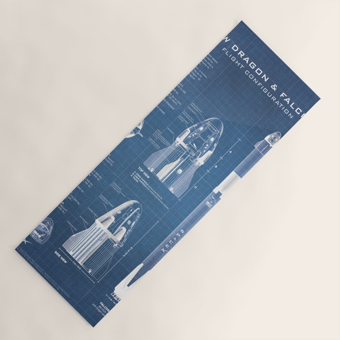 NASA SpaceX Crew Dragon Spacecraft & Falcon 9 Rocket Blueprint in High Resolution (light blue) Yoga Mat Gallery Image 1
