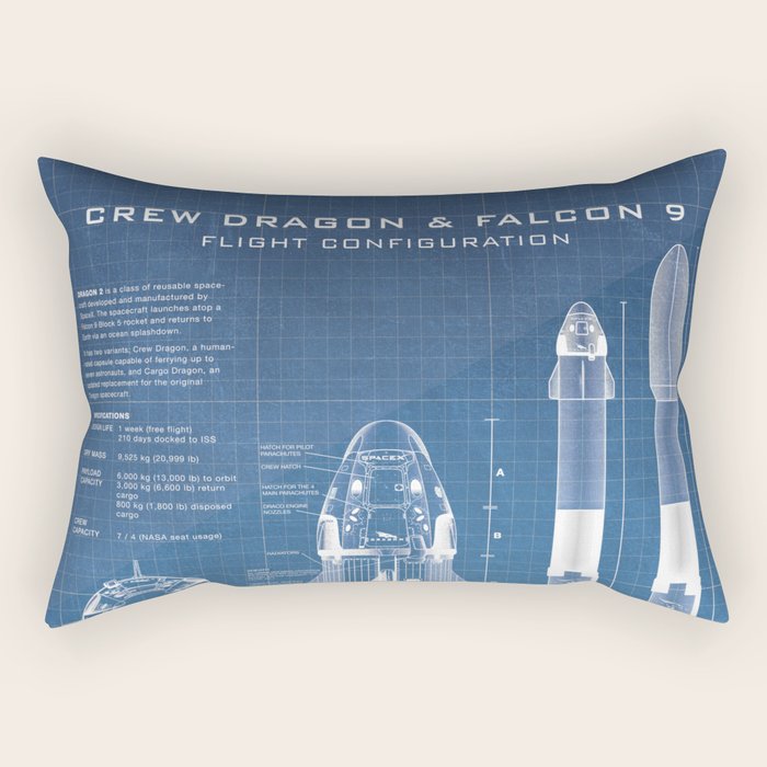 NASA SpaceX Crew Dragon Spacecraft & Falcon 9 Rocket Blueprint in High Resolution (light blue) Rectangular Pillow Gallery Image 2