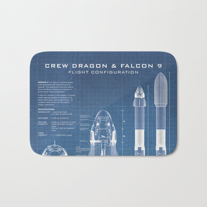 NASA SpaceX Crew Dragon Spacecraft & Falcon 9 Rocket Blueprint in High Resolution (light blue) Bath Mat Gallery Image 1