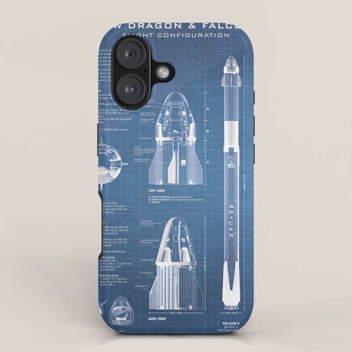 NASA SpaceX Crew Dragon Spacecraft & Falcon 9 Rocket Blueprint in High Resolution (light blue) iPhone Case Gallery Image 1