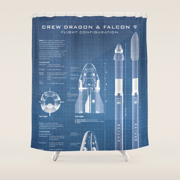 NASA SpaceX Crew Dragon Spacecraft & Falcon 9 Rocket Blueprint in High Resolution (light blue) Shower Curtain Gallery Image 1