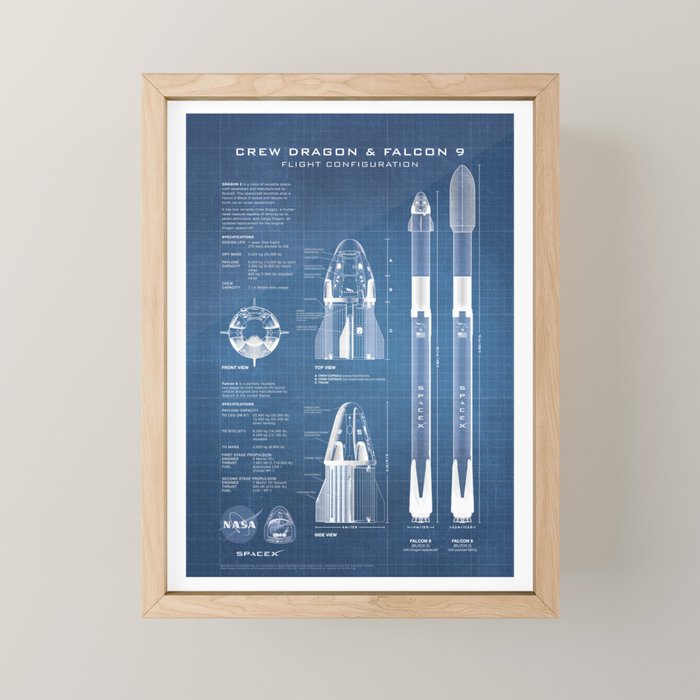 NASA SpaceX Crew Dragon Spacecraft & Falcon 9 Rocket Blueprint in High Resolution (light blue) Mini Art Print Gallery Image 1