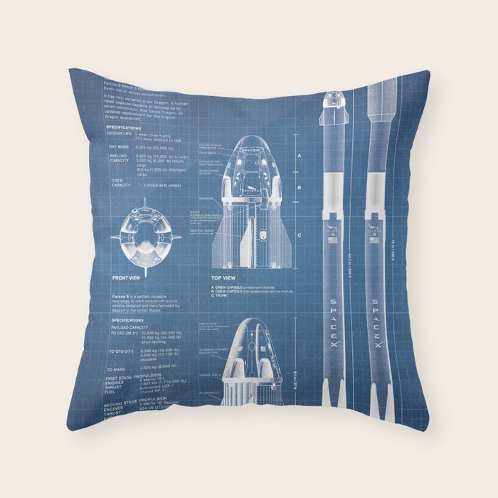 NASA SpaceX Crew Dragon Spacecraft & Falcon 9 Rocket Blueprint in High Resolution (light blue) Throw Pillow Gallery Image 6