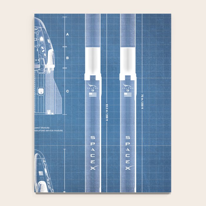 NASA SpaceX Crew Dragon Spacecraft & Falcon 9 Rocket Blueprint in High Resolution (light blue) Notebook Gallery Image 4