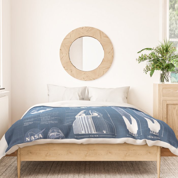 NASA SpaceX Crew Dragon Spacecraft & Falcon 9 Rocket Blueprint in High Resolution (light blue) Duvet Cover Gallery Image 3