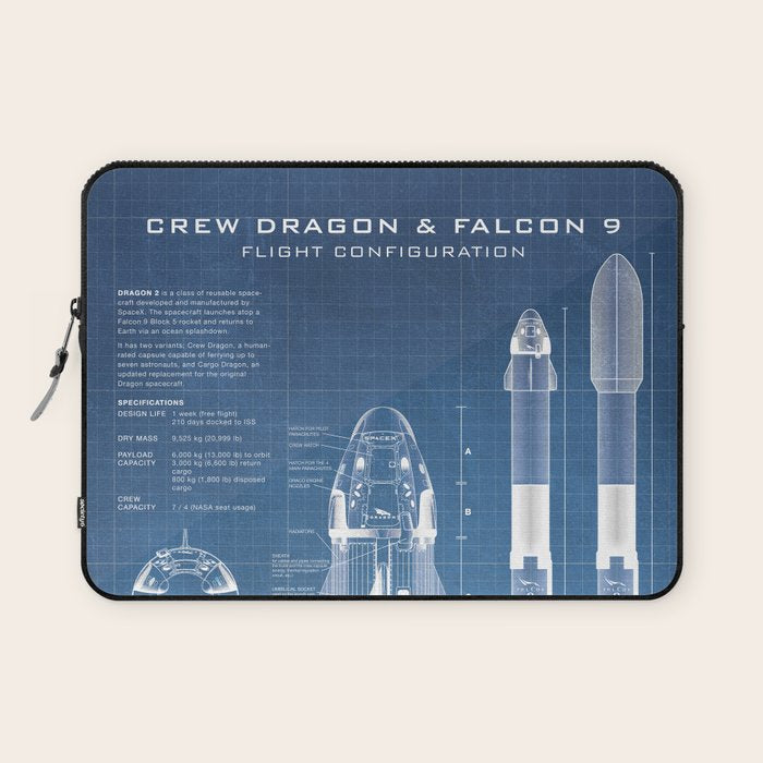 NASA SpaceX Crew Dragon Spacecraft & Falcon 9 Rocket Blueprint in High Resolution (light blue) Laptop Sleeve Gallery Image 1