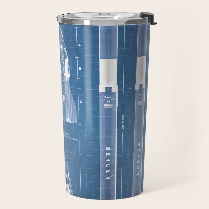 NASA SpaceX Crew Dragon Spacecraft & Falcon 9 Rocket Blueprint in High Resolution (light blue) Travel Mug Gallery Image 2