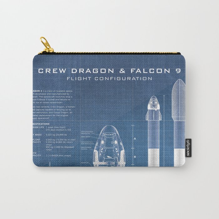 NASA SpaceX Crew Dragon Spacecraft & Falcon 9 Rocket Blueprint in High Resolution (light blue) Carry All Pouch Gallery Image 1