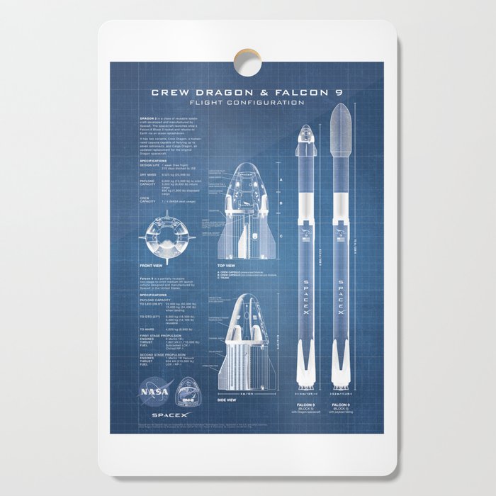 NASA SpaceX Crew Dragon Spacecraft & Falcon 9 Rocket Blueprint in High Resolution (light blue) Cutting Board Gallery Image 1