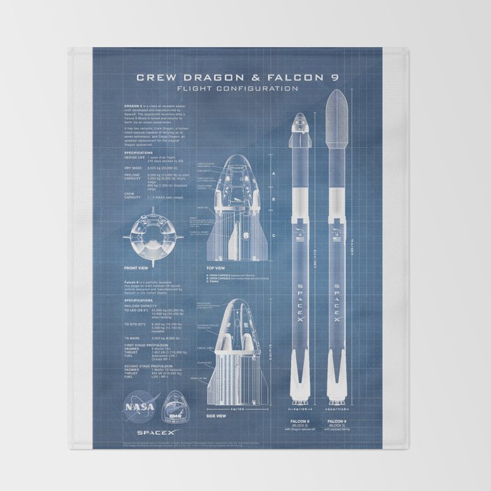 NASA SpaceX Crew Dragon Spacecraft & Falcon 9 Rocket Blueprint in High Resolution (light blue) Throw Blanket Gallery Image 2