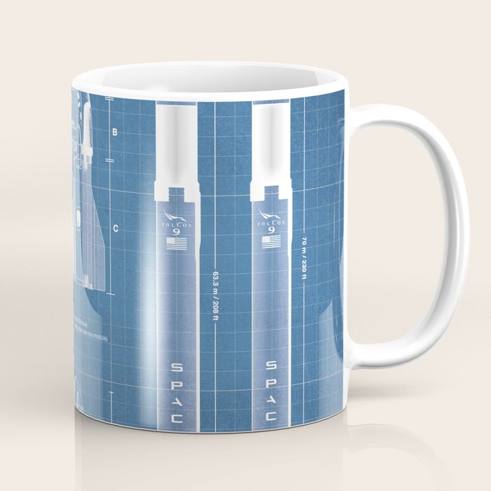 NASA SpaceX Crew Dragon Spacecraft & Falcon 9 Rocket Blueprint in High Resolution (light blue) Coffee Mug Gallery Image 1