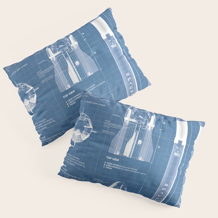 NASA SpaceX Crew Dragon Spacecraft & Falcon 9 Rocket Blueprint in High Resolution (light blue) Pillow Sham Gallery Image 1