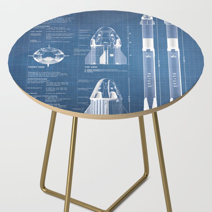 NASA SpaceX Crew Dragon Spacecraft & Falcon 9 Rocket Blueprint in High Resolution (light blue) Side Table Gallery Image 2