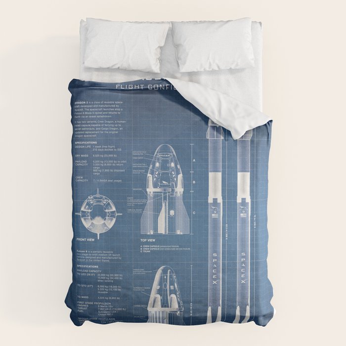 NASA SpaceX Crew Dragon Spacecraft & Falcon 9 Rocket Blueprint in High Resolution (light blue) Duvet Cover Gallery Image 6