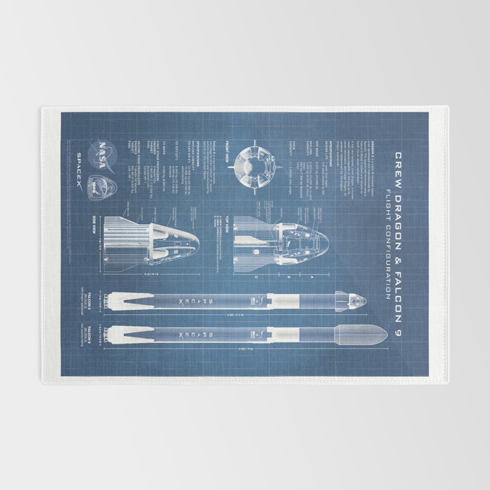 NASA SpaceX Crew Dragon Spacecraft & Falcon 9 Rocket Blueprint in High Resolution (light blue) Rug Gallery Image 2