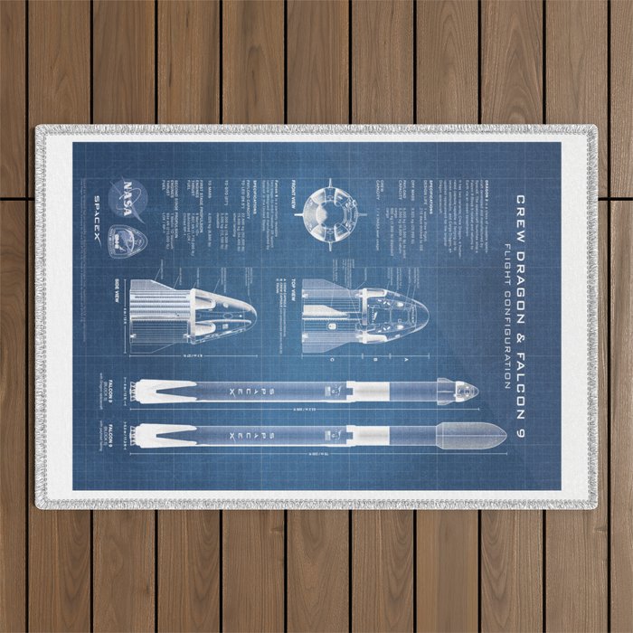 NASA SpaceX Crew Dragon Spacecraft & Falcon 9 Rocket Blueprint in High Resolution (light blue) Outdoor Rug Gallery Image 1