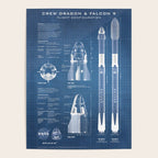 NASA SpaceX Crew Dragon Spacecraft & Falcon 9 Rocket Blueprint in High Resolution (light blue) Poster Gallery Image 4