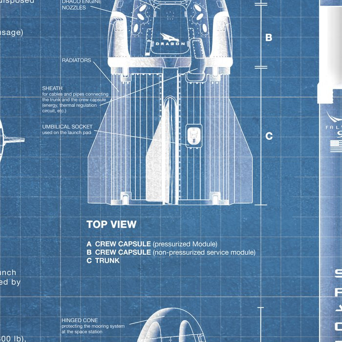 NASA SpaceX Crew Dragon Spacecraft & Falcon 9 Rocket Blueprint in High Resolution (light blue) Coffee Mug Gallery Image 2