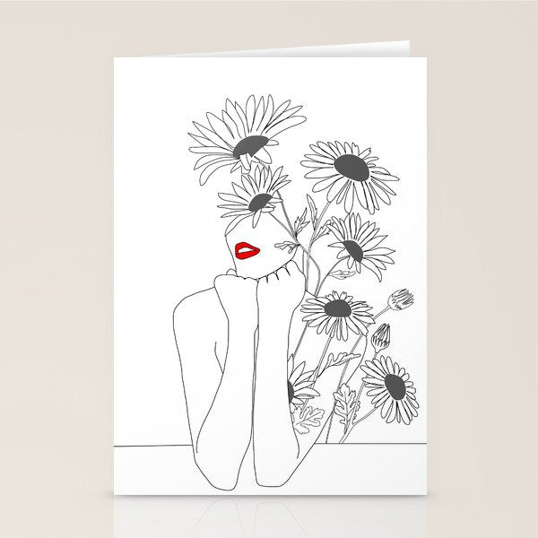 Minimal Line Art Girl with Sunflowers Stationery Card Gallery Image 1