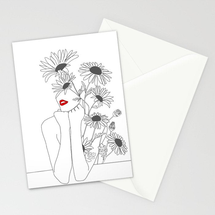 Minimal Line Art Girl with Sunflowers Stationery Card Gallery Image 2