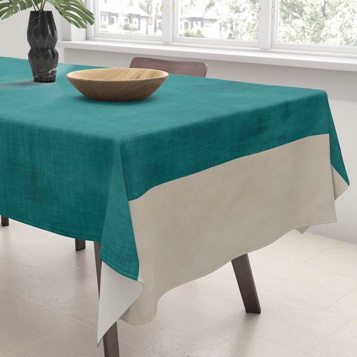 Teal Rich Texture Linen Minimalist Art Tablecloth Gallery Image 3