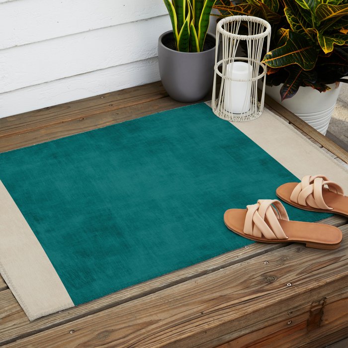 Teal Rich Texture Linen Minimalist Art Outdoor Rug Gallery Image 2