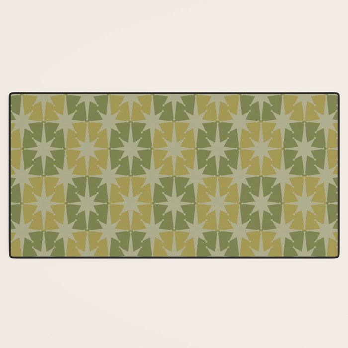 Mid Century Modern Atomic Stars Retro Checkered Starburst Pattern in Vintage Olive Green Tones Desk Mat Gallery Image 3
