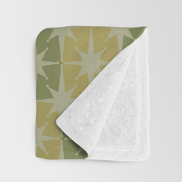 Mid Century Modern Atomic Stars Retro Checkered Starburst Pattern in Vintage Olive Green Tones Throw Blanket Gallery Image 3