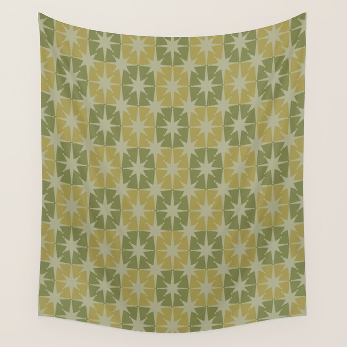 Mid Century Modern Atomic Stars Retro Checkered Starburst Pattern in Vintage Olive Green Tones Wall Tapestry Gallery Image 4