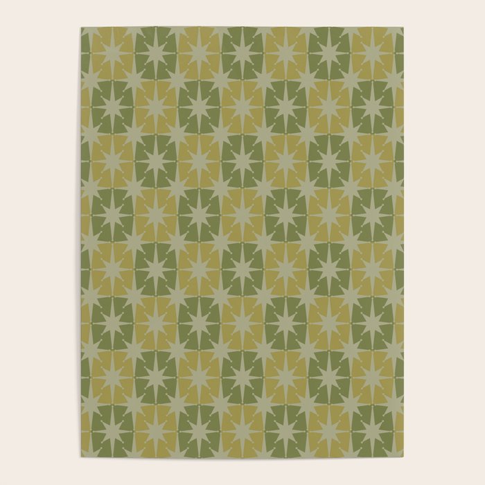 Mid Century Modern Atomic Stars Retro Checkered Starburst Pattern in Vintage Olive Green Tones Poster Gallery Image 4