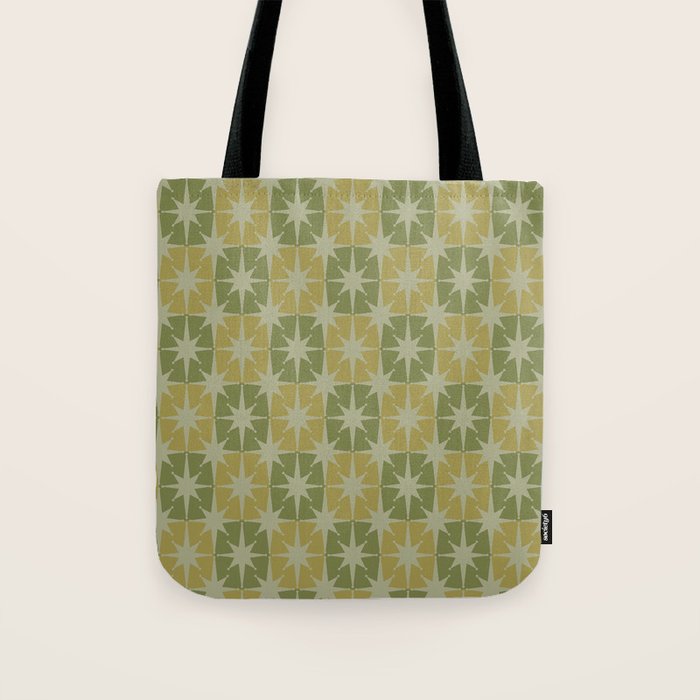 Mid Century Modern Atomic Stars Retro Checkered Starburst Pattern in Vintage Olive Green Tones Tote Bag Gallery Image 1