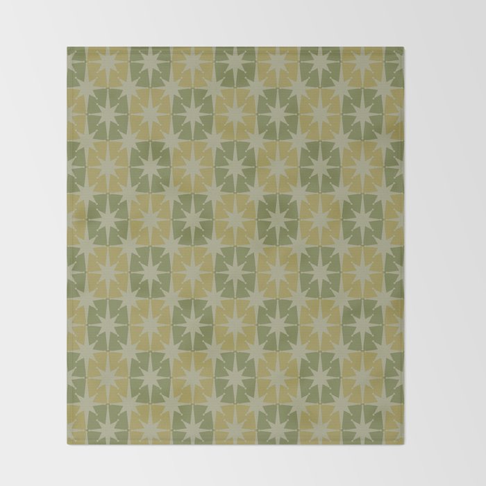 Mid Century Modern Atomic Stars Retro Checkered Starburst Pattern in Vintage Olive Green Tones Throw Blanket Gallery Image 2