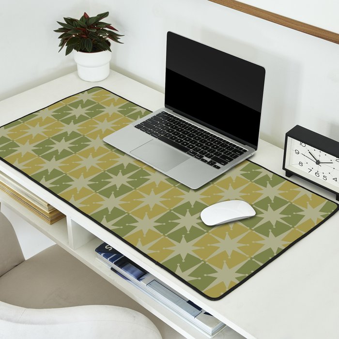 Mid Century Modern Atomic Stars Retro Checkered Starburst Pattern in Vintage Olive Green Tones Desk Mat Gallery Image 2