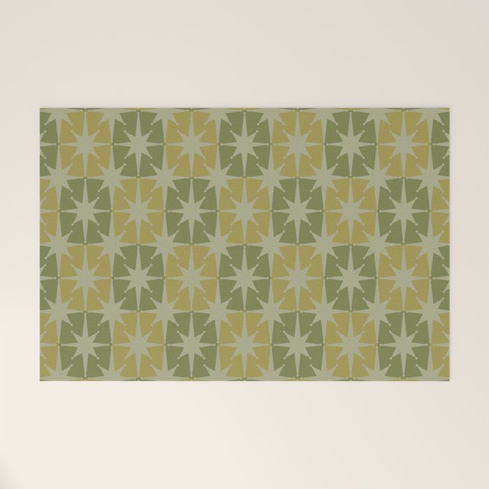 Mid Century Modern Atomic Stars Retro Checkered Starburst Pattern in Vintage Olive Green Tones Welcome Mat Gallery Image 1