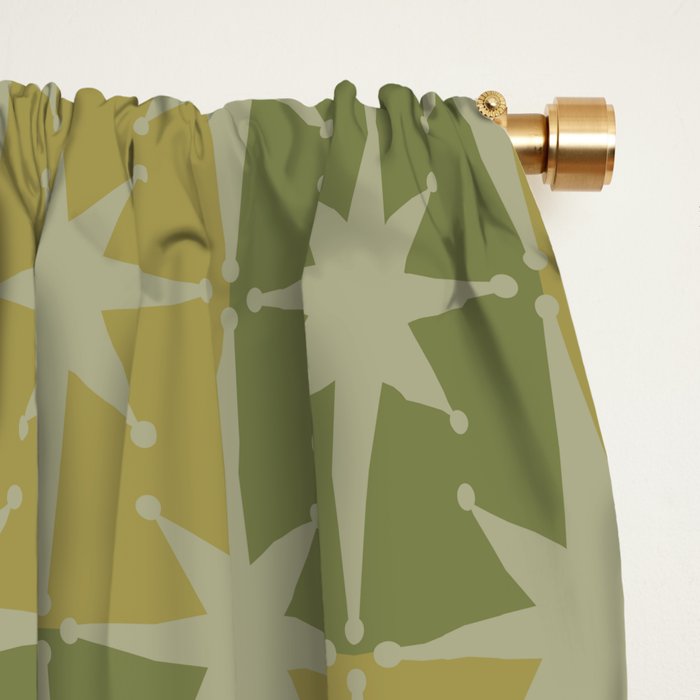 Mid Century Modern Atomic Stars Retro Checkered Starburst Pattern in Vintage Olive Green Tones Window Curtain Gallery Image 2