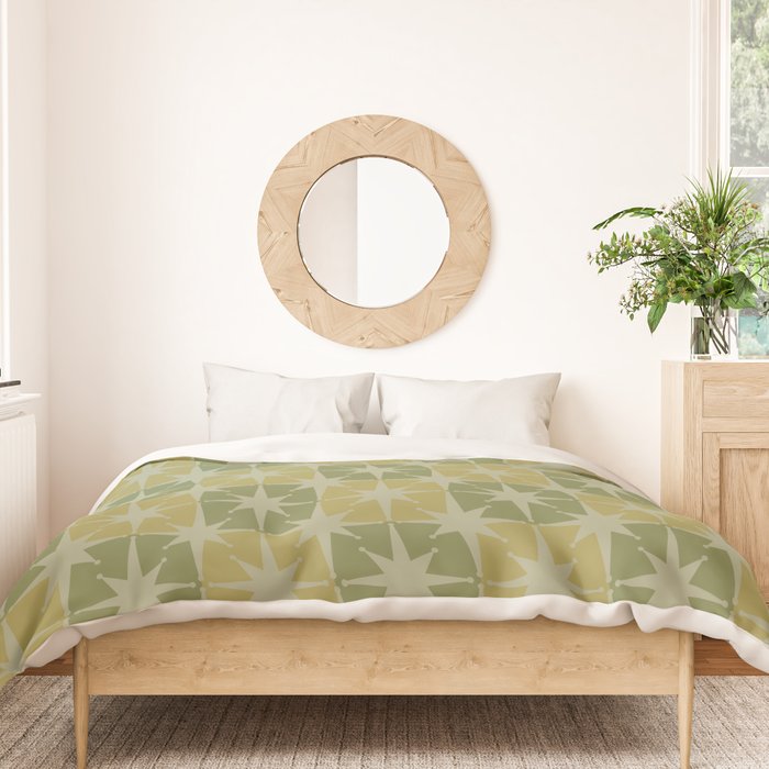 Mid Century Modern Atomic Stars Retro Checkered Starburst Pattern in Vintage Olive Green Tones Duvet Cover Gallery Image 3