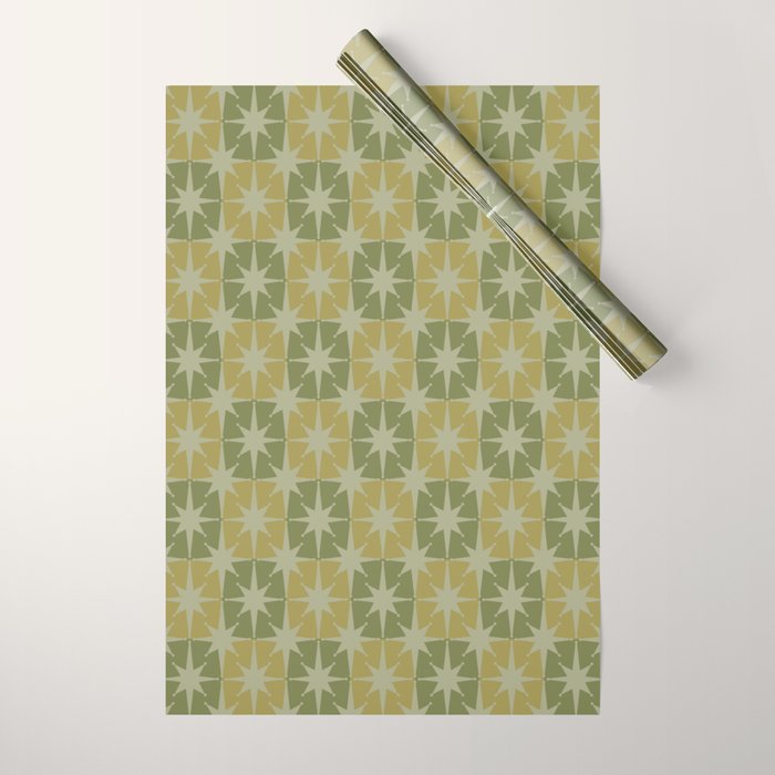 Mid Century Modern Atomic Stars Retro Checkered Starburst Pattern in Vintage Olive Green Tones Wrapping Paper Gallery Image 1