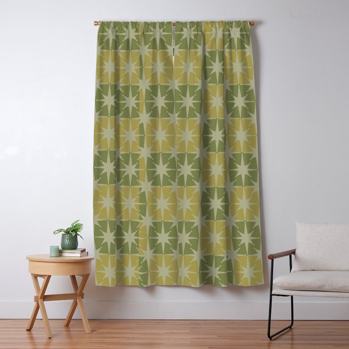 Mid Century Modern Atomic Stars Retro Checkered Starburst Pattern in Vintage Olive Green Tones Window Curtain Gallery Image 1