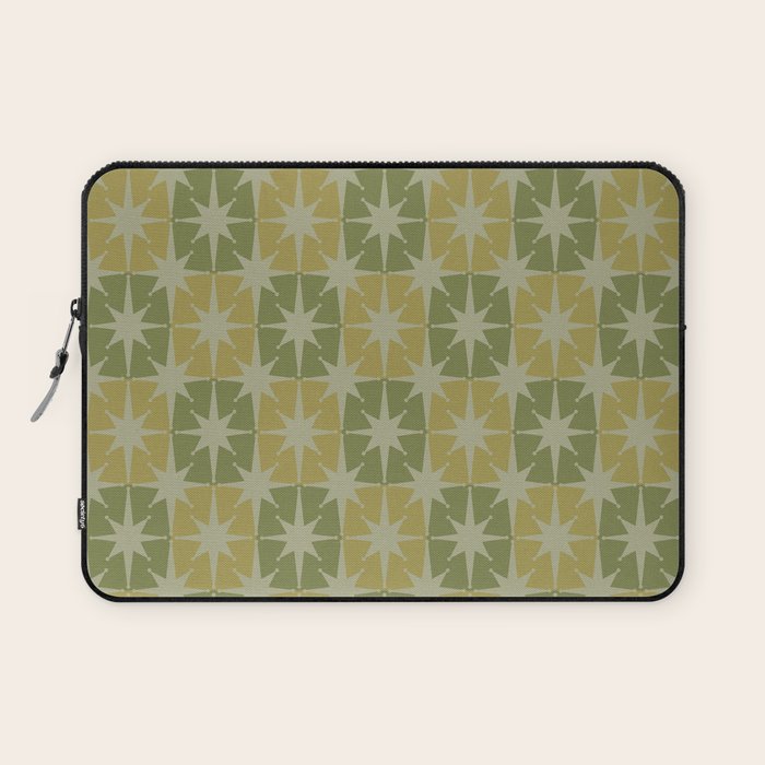 Mid Century Modern Atomic Stars Retro Checkered Starburst Pattern in Vintage Olive Green Tones Laptop Sleeve Gallery Image 1